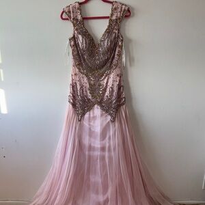 Jovani Blush Pink Beaded V-Neck Prom Gown